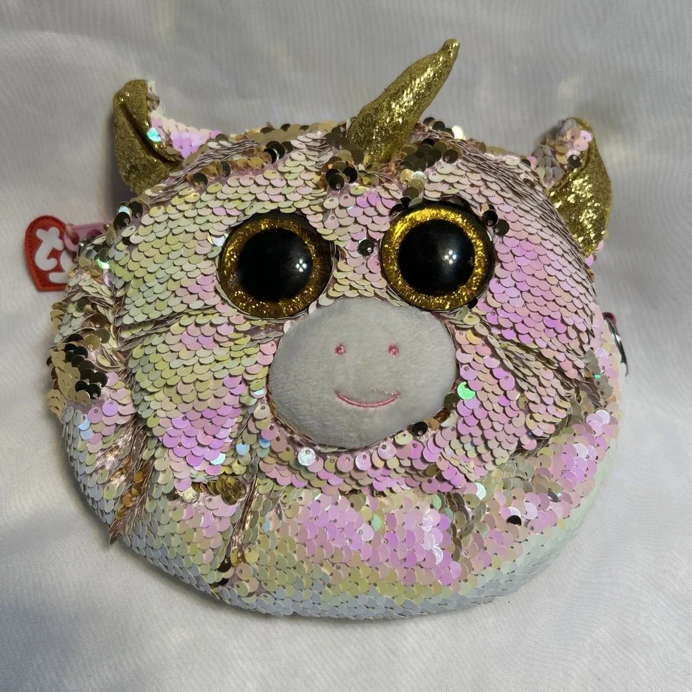 TY UNICORN PURSE Flippable Gold Sequins‎ Hearts Lined Adjustable Shoulder Strap
